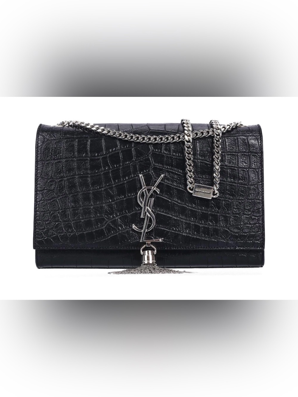 YSL Kate Bag! Black Croc-Embossed Leather Chain Crossbody with Silver Hardware
